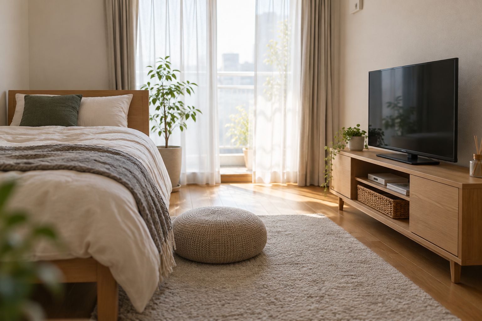 寝室に置かれたテレビと家具の配置
