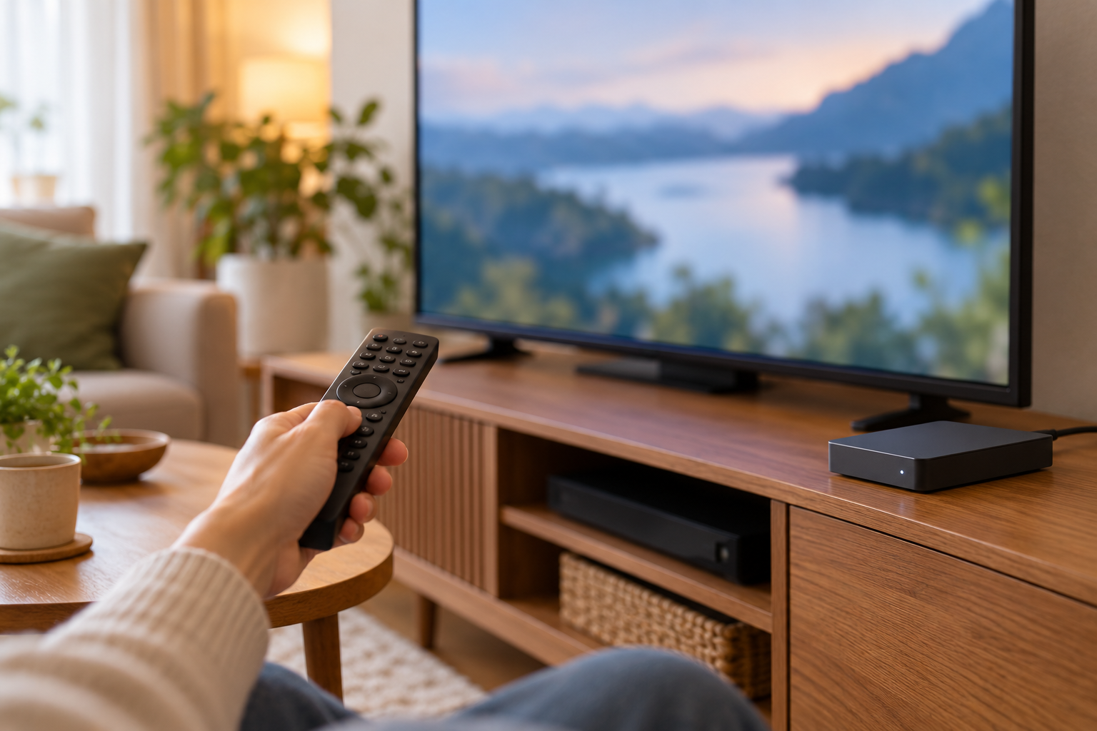 テレビのリモコンと外付けストレージを置いたリビングの様子