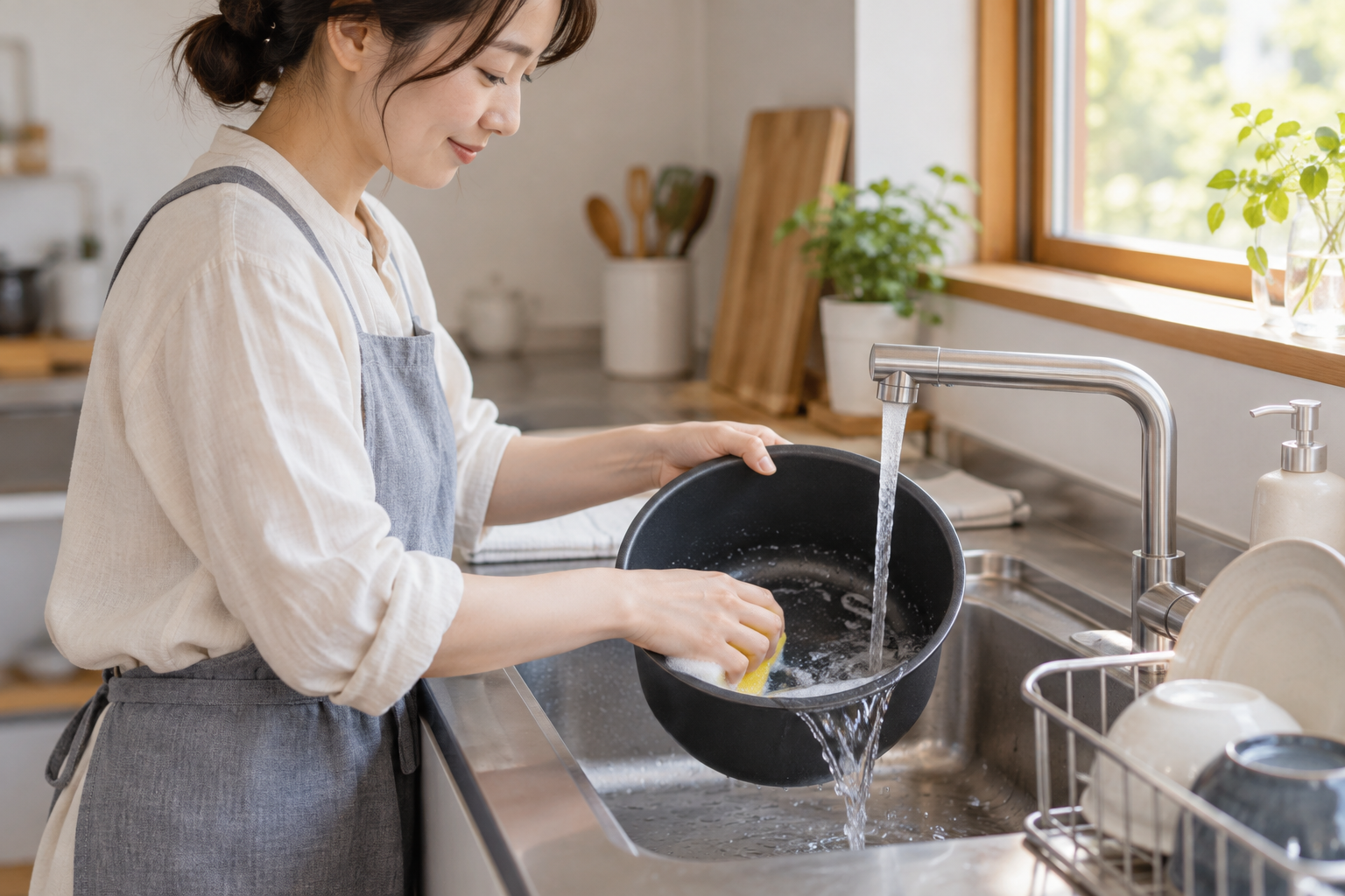 炊飯器の内釜を台所で洗う様子