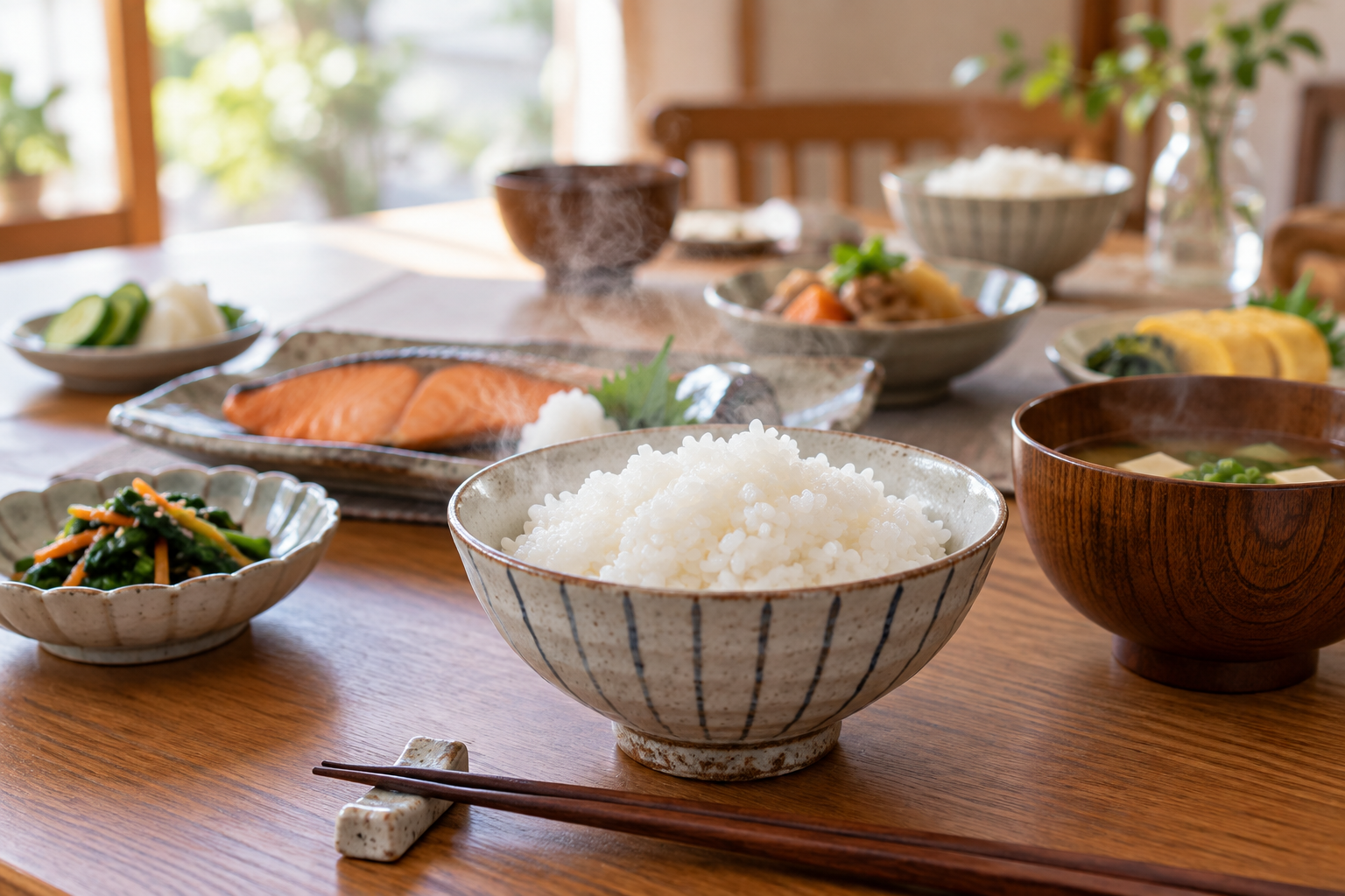 食卓に並んだ白ごはんと和食