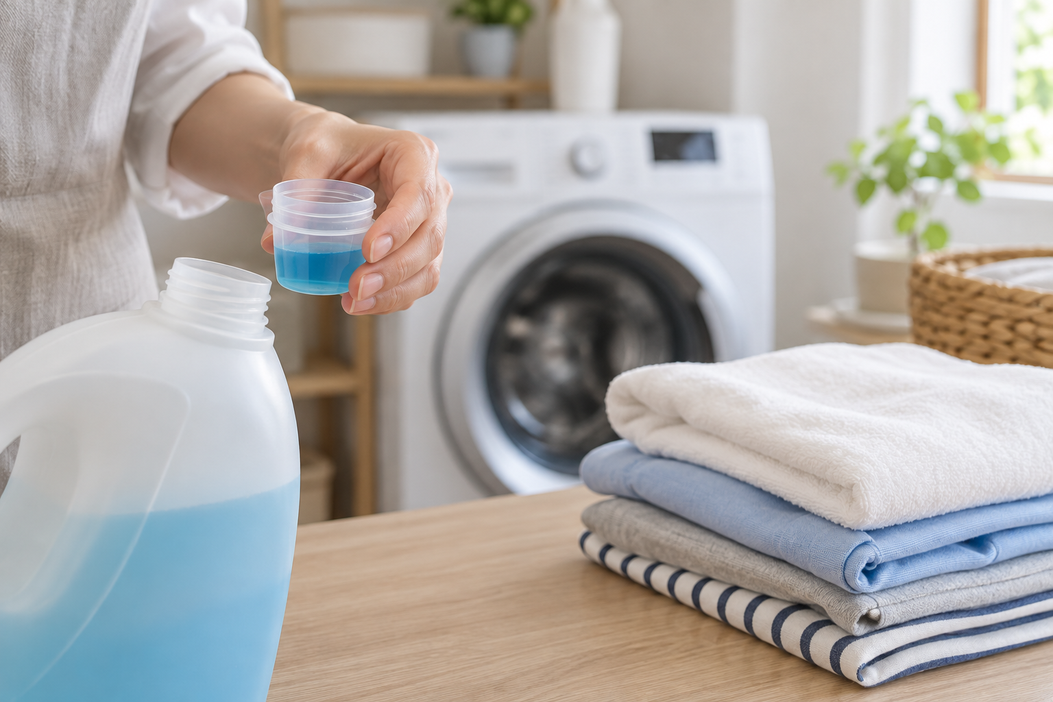 洗剤を計量する手元と洗濯物