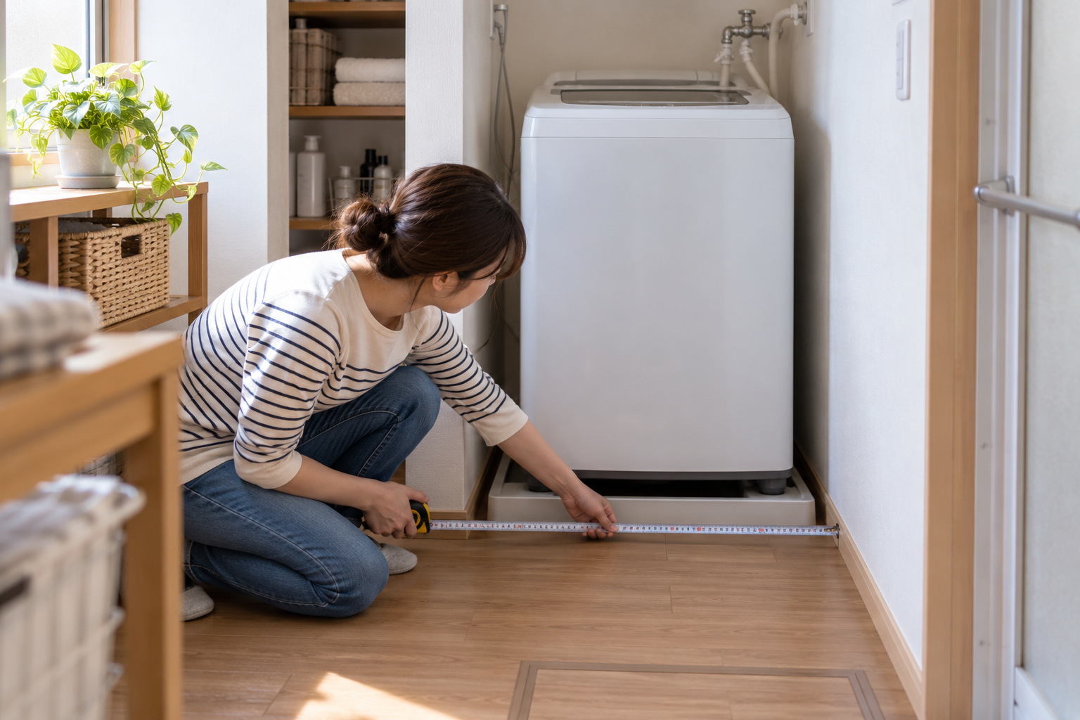 洗濯機置き場の幅と奥行きを測る様子